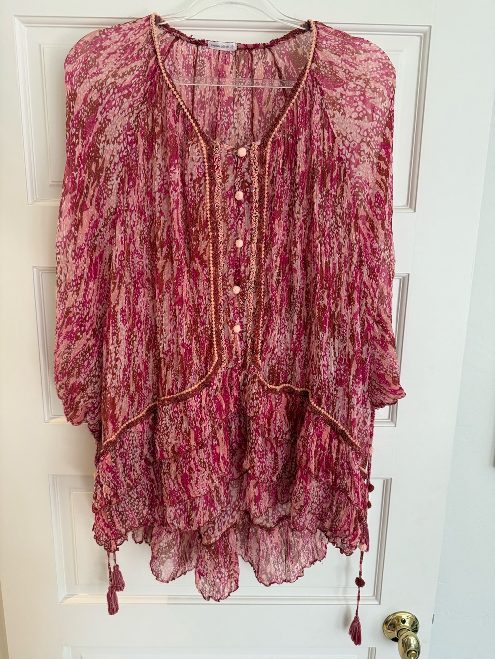 Poupette St. Barth Pink and Brown Printed Sheer Boho Tunic